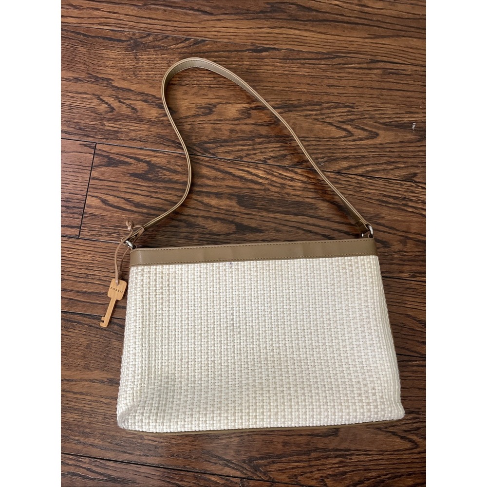 Fossil Cream woven Tan leather Handle Shoulder handbag 3 Compartments Key Charm